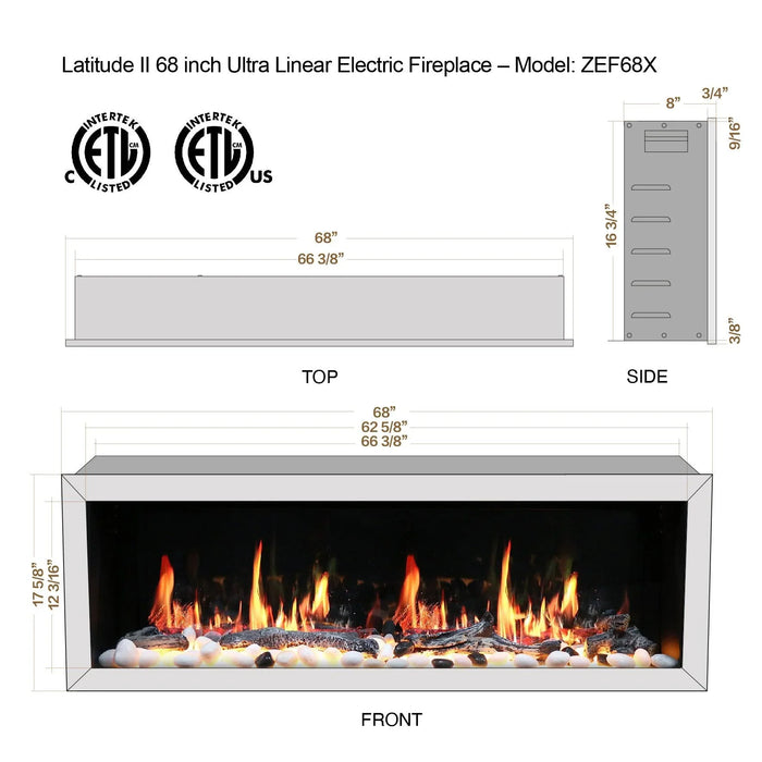 Litedeer Latitude II 68" Smart Wall Mounted Electric Fireplace with App - ZEF68X,Black - Litedeer Homes