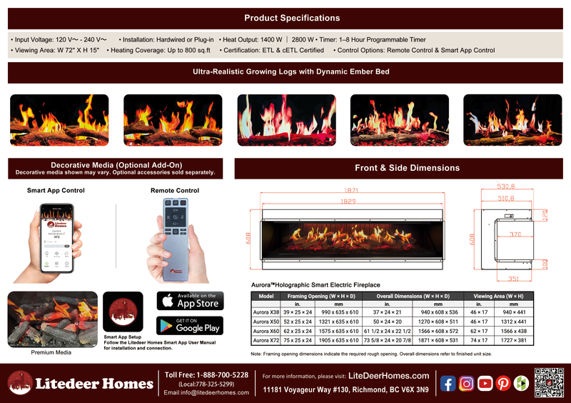 Aurora X72 72" Holographic Smart Electric Fireplace | 3-Sided Luxury Fireplace for Modern Living