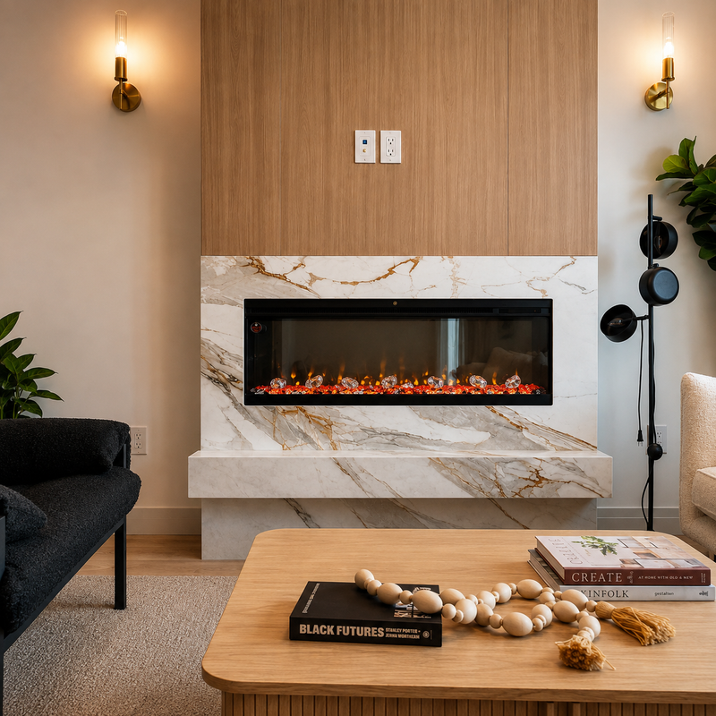 Litedeer Homes Alpha 50-Inch 3-Sided Smart Electric Fireplace, Built-in Linear Design with Crushed Ice Media (Model: ABS50C)