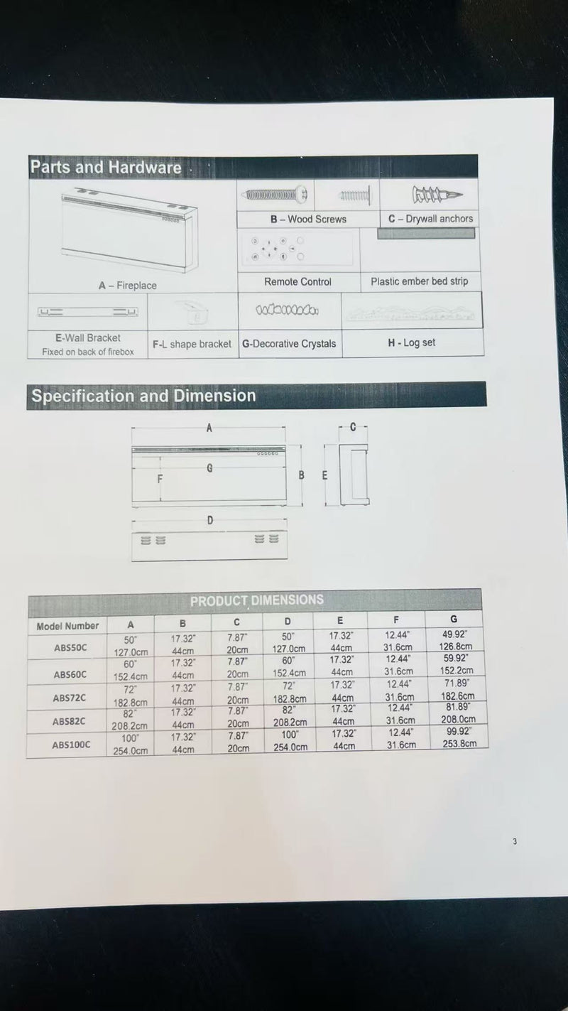 Litedeer Homes Alpha 50" 3-Sided Sleek Electric Fireplace with Crushed Ice Rocks (Model: ABS50C)