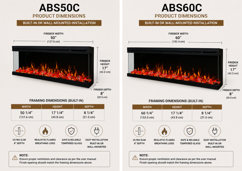 Litedeer Homes Alpha 60-Inch 3-Sided Smart Electric Fireplace, Built-in Linear Design with Crushed Ice Media (Model: ABS60C)
