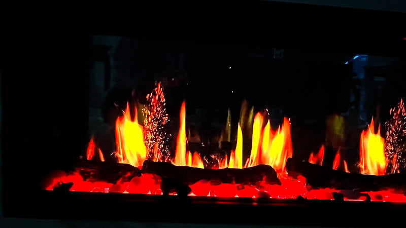 Chimenea eléctrica inteligente Warmcastle 2025 de 50 pulgadas y 3 lados con sonidos crepitantes, control por app, leña flotante y vidrio reflectante ámbar (modelo: ZEF50TA)