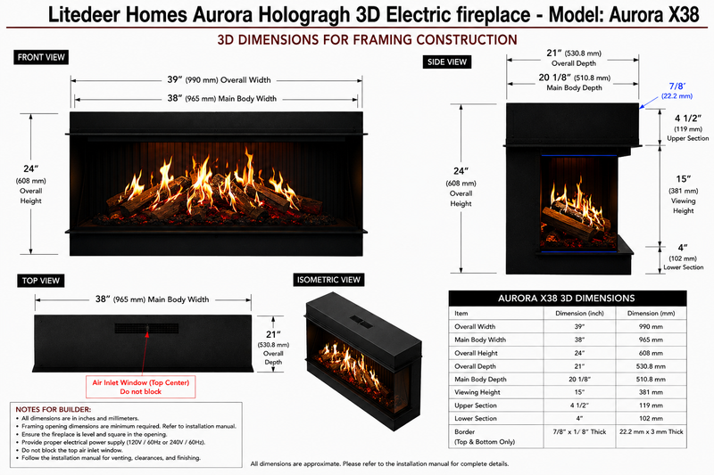 Aurora X72 72" Holographic Electric Fireplace | Built-in Architectural Flame System | Smart Control | Ultra-Realistic 3D Flame
