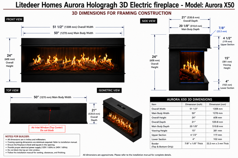 Aurora X72 72" Holographic Electric Fireplace | Built-in Architectural Flame System | Smart Control | Ultra-Realistic 3D Flame