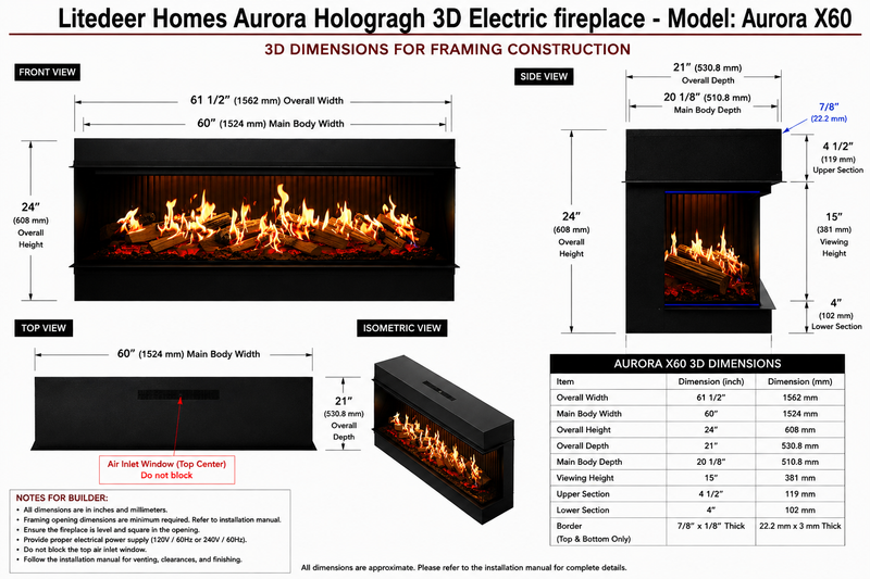 Aurora X72 72" Holographic Electric Fireplace | Built-in Architectural Flame System | Smart Control | Ultra-Realistic 3D Flame