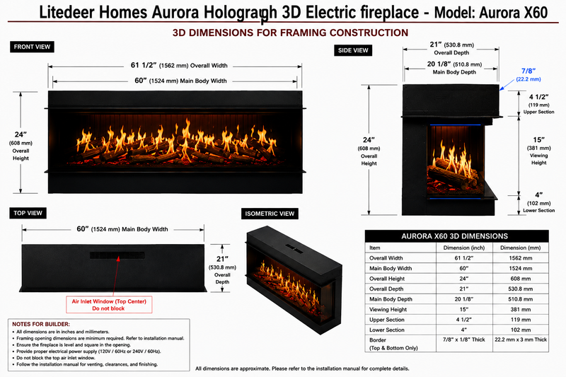 Aurora X72 72" Holographic Electric Fireplace | Built-in Architectural Flame System | Smart Control | Ultra-Realistic 3D Flame