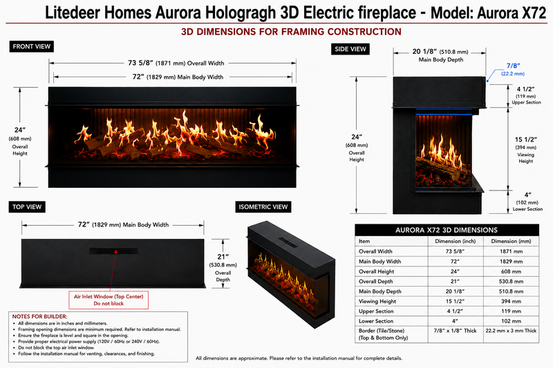 Aurora X72 72" Holographic Electric Fireplace | Built-in Architectural Flame System | Smart Control | Ultra-Realistic 3D Flame
