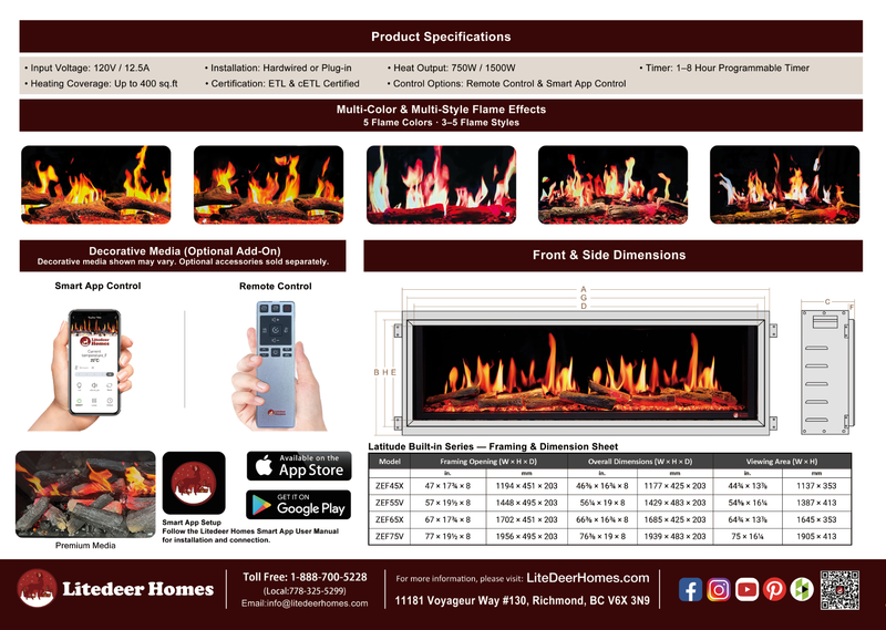 Litedeer Homes Latitude 45" Ultra-Slim Electric Fireplace, Multi-Flame, Reflective Amber Glass, WiFi/App-Control, Flush/Recess Mounted(Model: ZEF45XA)