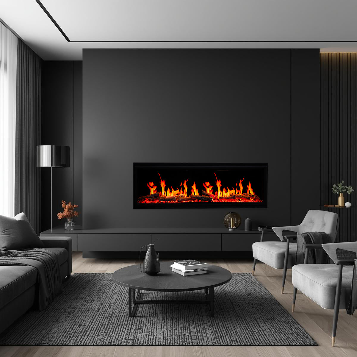 Modern living room with a stylish electric fireplace.