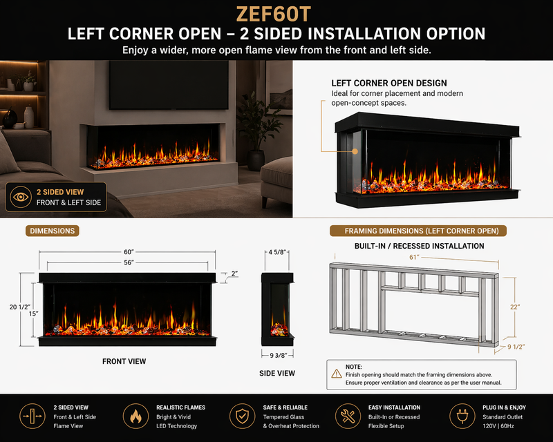 Chimenea eléctrica inteligente Warmcastle de 3 lados y 60 pulgadas (modelo 2025) con aplicación wifi y cristales tipo diamante (modelo: ZEF60T)