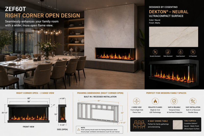 Chimenea eléctrica inteligente Warmcastle de 3 lados y 60 pulgadas (modelo 2025) con aplicación wifi y cristales tipo diamante (modelo: ZEF60T)