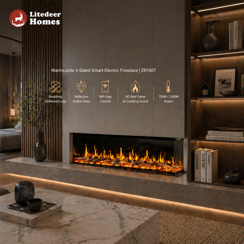 Chimenea eléctrica inteligente Warmcastle de 3 lados y 60 pulgadas (modelo 2025) con aplicación wifi y cristales tipo diamante (modelo: ZEF60T)