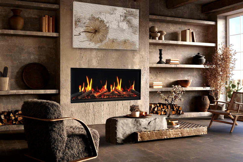 Chimenea eléctrica inteligente Warmcastle 2025 de 50 pulgadas y 3 lados con sonidos crepitantes, control por app, leña flotante y vidrio reflectante ámbar (modelo: ZEF50TA)