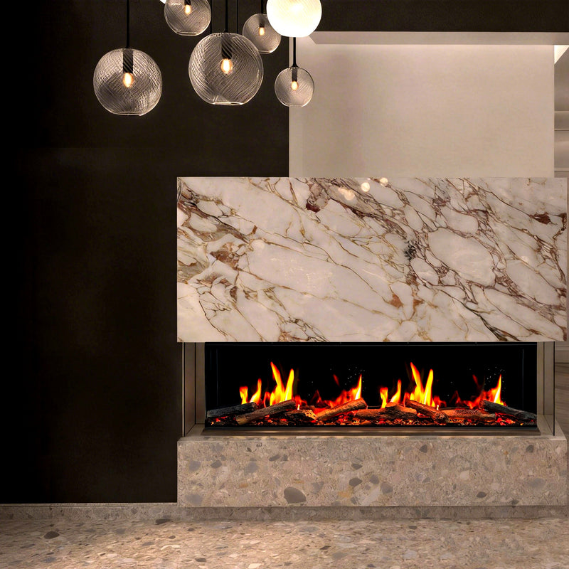 Chimenea eléctrica inteligente Warmcastle 2025 de 50 pulgadas y 3 lados con sonidos crepitantes, control por app, leña flotante y vidrio reflectante ámbar (modelo: ZEF50TA)