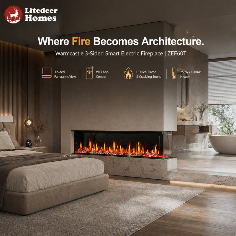 Chimenea eléctrica inteligente Warmcastle de 3 lados y 60 pulgadas (modelo 2025) con aplicación wifi y cristales tipo diamante (modelo: ZEF60T)