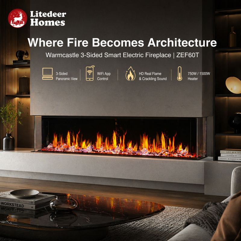 Chimenea eléctrica inteligente Warmcastle de 3 lados y 60 pulgadas (modelo 2025) con aplicación wifi y cristales tipo diamante (modelo: ZEF60T)