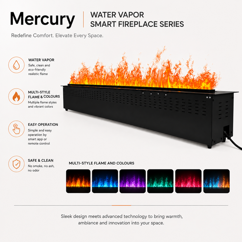 Litedeer Homes Mercury 60-Inch Built-in 3D Water Vapor Fireplace Cassette, Smart Mist Fireplace with App & Remote Control (VEW60A / VEW60M)