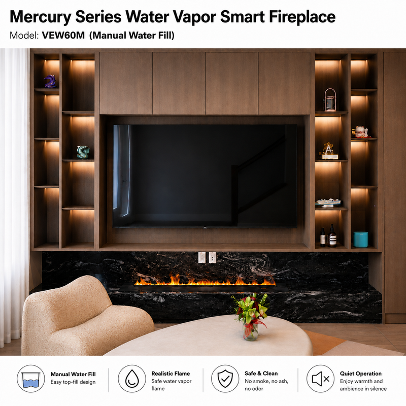 Litedeer Homes Mercury 60-Inch Built-in 3D Water Vapor Fireplace Cassette, Smart Mist Fireplace with App & Remote Control (VEW60A / VEW60M)