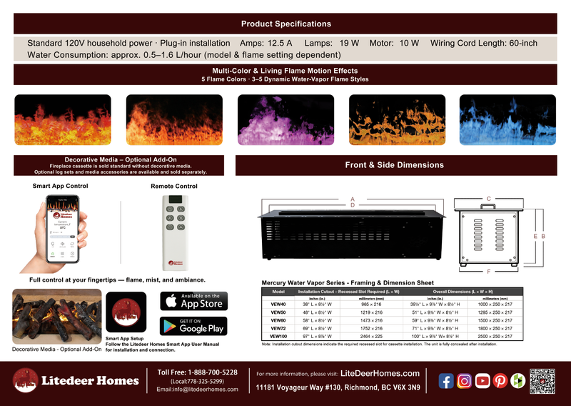 Litedeer Homes Mercury 60-Inch Built-in 3D Water Vapor Fireplace Cassette, Smart Mist Fireplace with App & Remote Control (VEW60A / VEW60M)