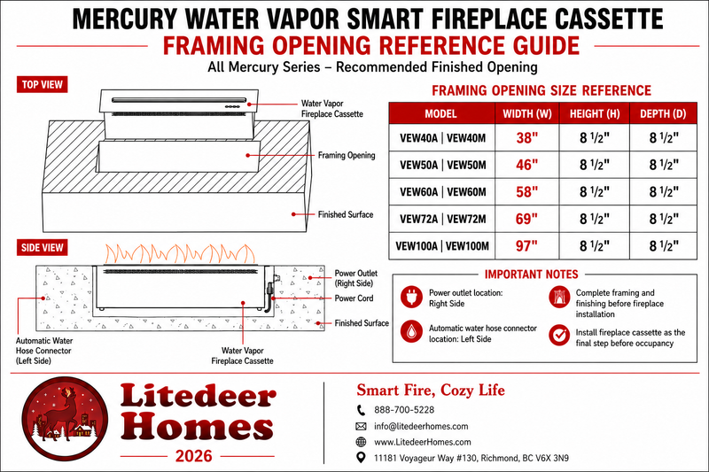 Litedeer Homes Mercury 40-Inch 3D Water Vapor Fireplace Cassette, Built-in Smart Mist Fireplace with App & Remote Control (VEW40A / VEW40M)