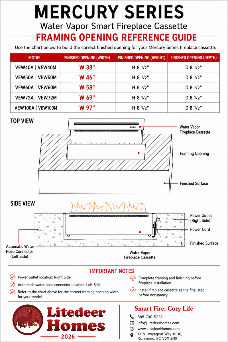 Litedeer Homes Mercury VEW100A XL Large 100-Inch 3D Water Vapor Smart Electric Fireplace Cassette