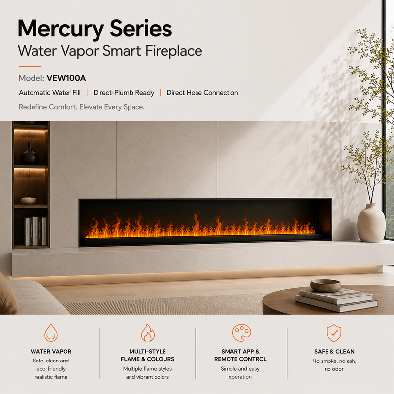 Litedeer Homes Mercury VEW100A XL Large 100-Inch 3D Water Vapor Smart Electric Fireplace Cassette