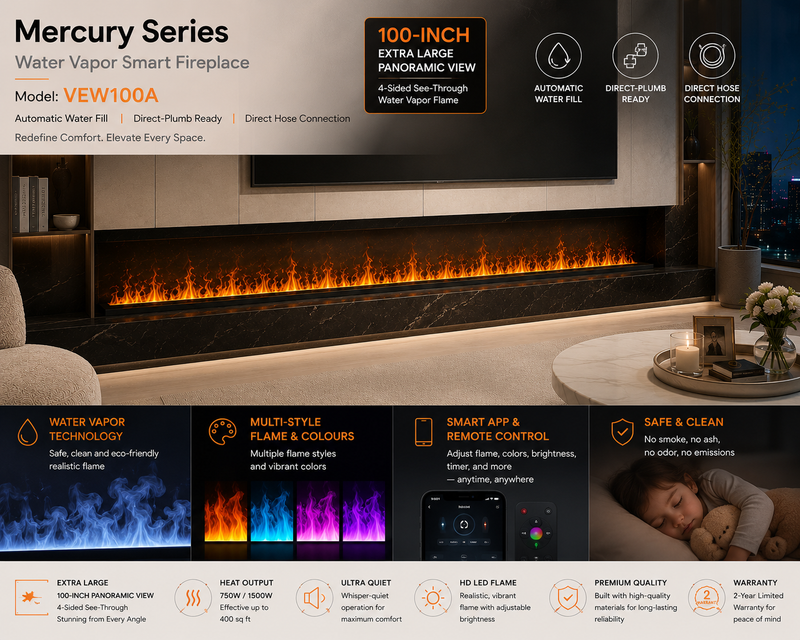 Litedeer Homes Mercury VEW100A XL Large 100-Inch 3D Water Vapor Smart Electric Fireplace Cassette