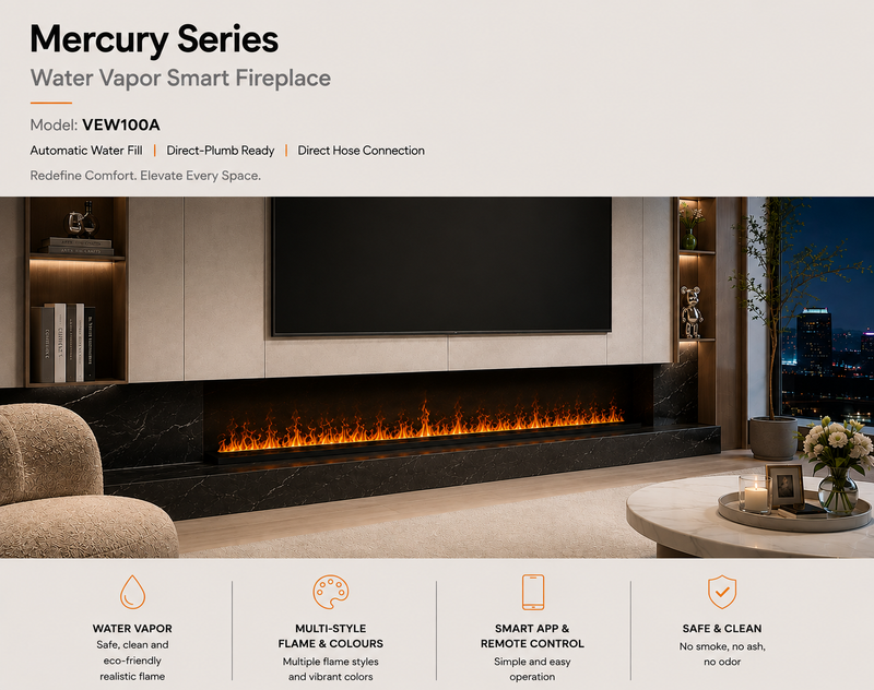 Litedeer Homes Mercury VEW100A XL Large 100-Inch 3D Water Vapor Smart Electric Fireplace Cassette