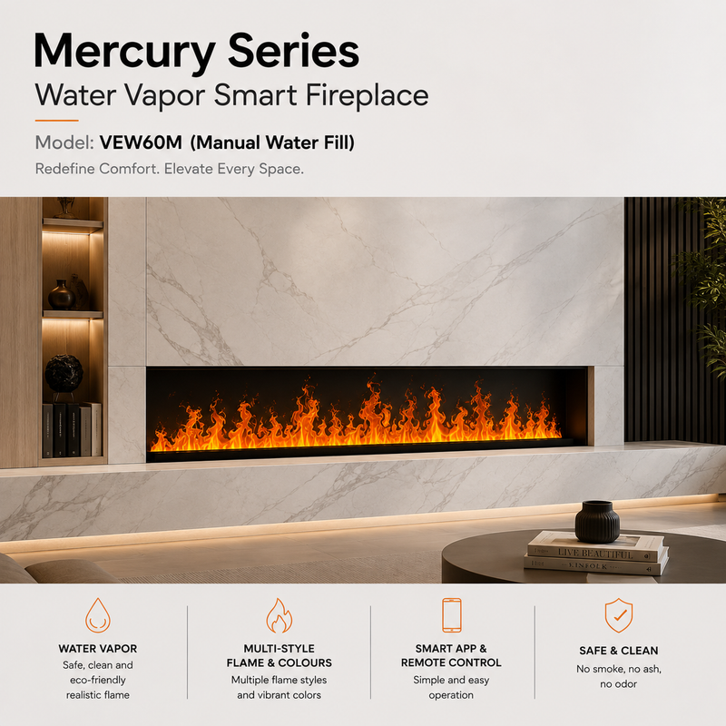 Litedeer Homes Mercury 60-Inch Built-in 3D Water Vapor Fireplace Cassette, Smart Mist Fireplace with App & Remote Control (VEW60A / VEW60M)