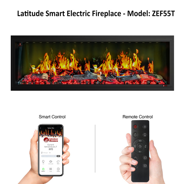 2025 New Litedeer Latitude 55" Ultra-slim Smart Electric Fireplace with Crackling Sounds Multi-Style Flame, 5 Unique Colors, Breathing Logs,Smart App & Remote Control （Model：ZEF55T)