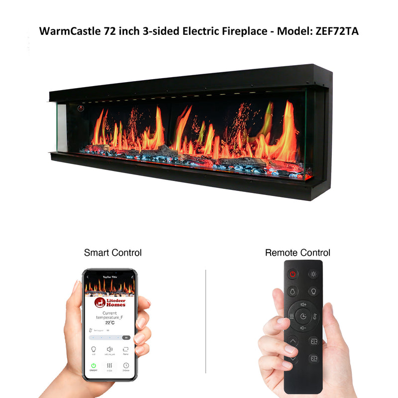 Litedeer Homes Warmcastle ZEF72TA 72" 3-Sided Panoramic Smart Electric Fireplace