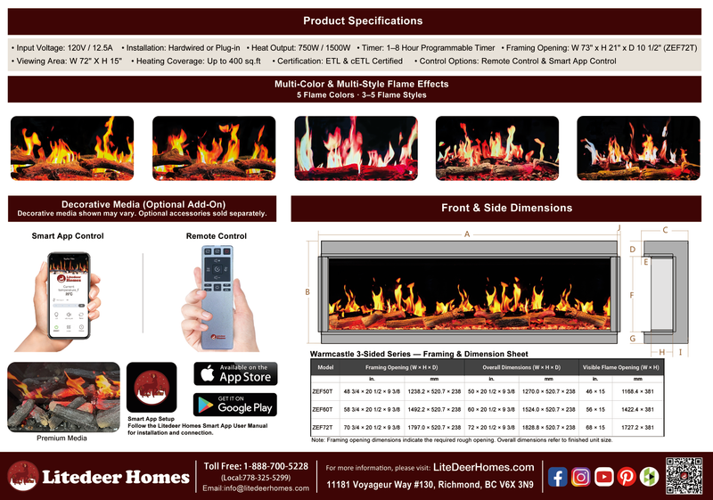 Litedeer Homes Warmcastle ZEF72TA 72" 3-Sided Panoramic Smart Electric Fireplace