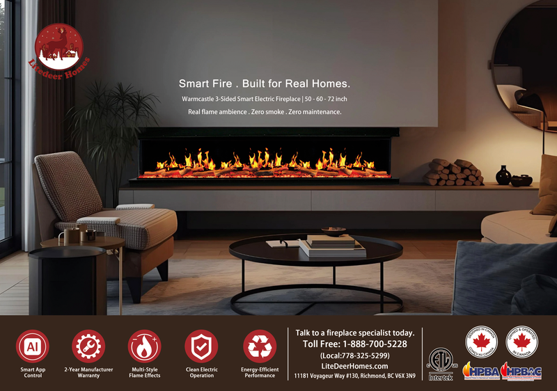 Litedeer Homes Warmcastle ZEF72TA 72" 3-Sided Panoramic Smart Electric Fireplace
