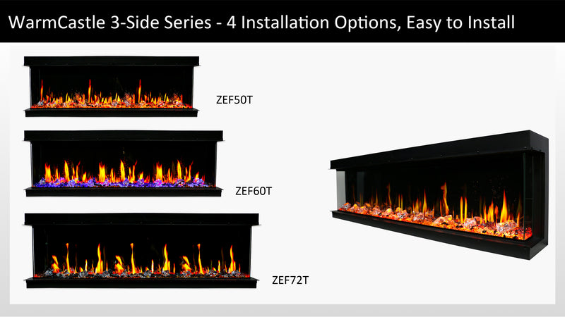 2025 New Warmcastle 50-inch 3-Sided Smart Electric Fireplace with Crackling Sounds, App Diamond-like Crystal (Model: ZEF50T)