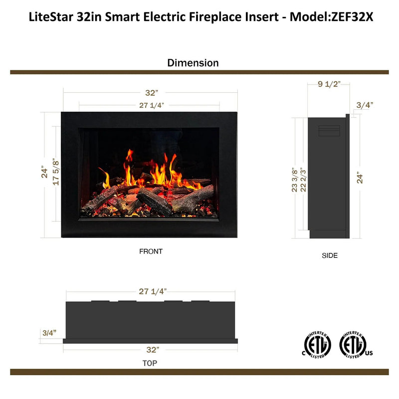 🔥 2025 New LiteStar ZEF32X – 32-inch Smart Electric Fireplace Insert Multi-Flame Style | Breathing Logs | Smart App | 5 Unique Flame Colors | Adjustable Crackling Sounds🔥 - Litedeer Homes