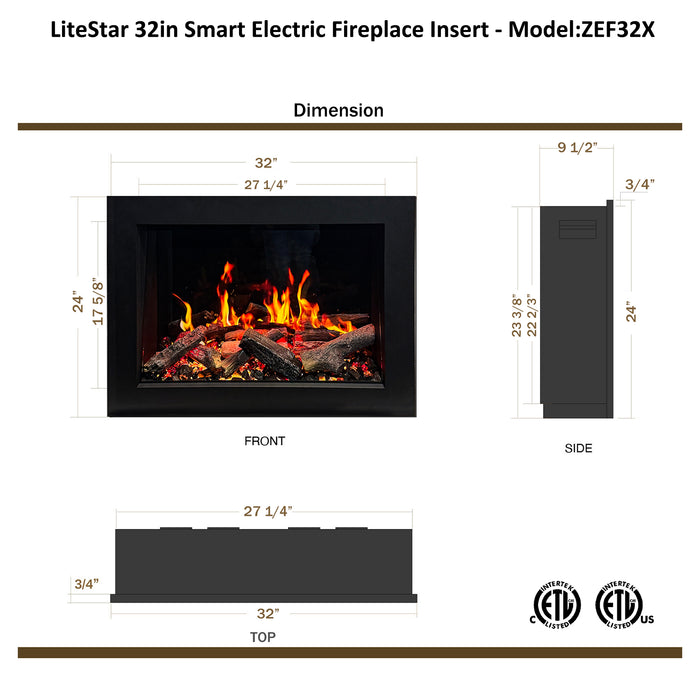 🔥 2025 New LiteStar ZEF32A – 32-inch Smart Electric Fireplace Insert Multi-Flame Style | Breathing Logs | Smart App | 5 Unique Flame Colors | Adjustable Crackling Sounds🔥