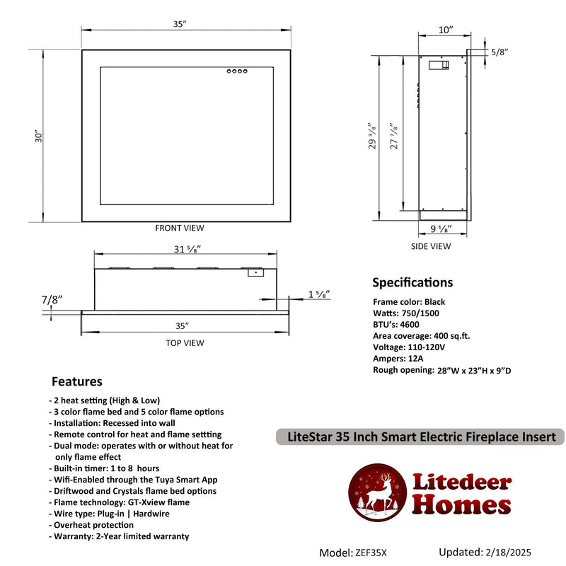 🔥 2025 New LiteStar ZEF35X – 35-inch Smart Electric Fireplace Insert 🔥 Multi-Flame Style | Breathing Logs | Smart App | 5 Unique Flame Colors | Adjustable Crackling Sounds - Litedeer Homes