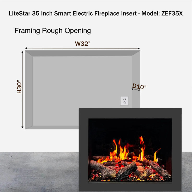 🔥 2025 New LiteStar ZEF35X – 35-inch Smart Electric Fireplace Insert 🔥 Multi-Flame Style | Breathing Logs | Smart App | 5 Unique Flame Colors | Adjustable Crackling Sounds - Litedeer Homes