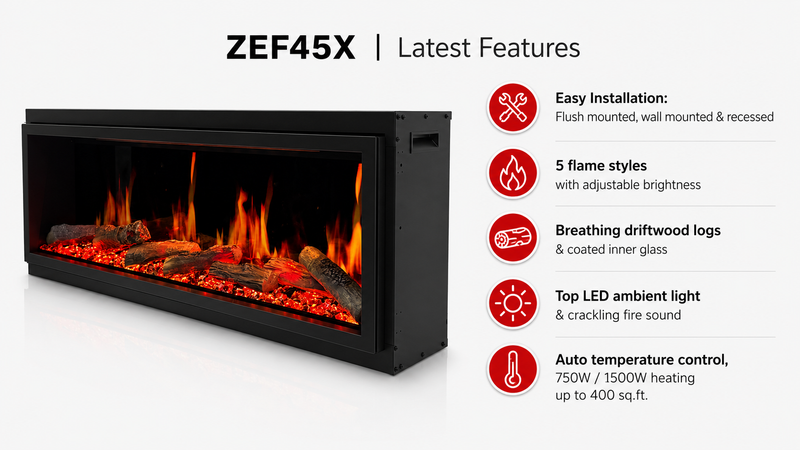 Litedeer Homes Latitude ZEF45X 45" Built-In Smart Electric Fireplace – Ultra-Slim Linear Recessed Fireplace with Breathing Driftwood Logs, Wi-Fi App & Remote Control