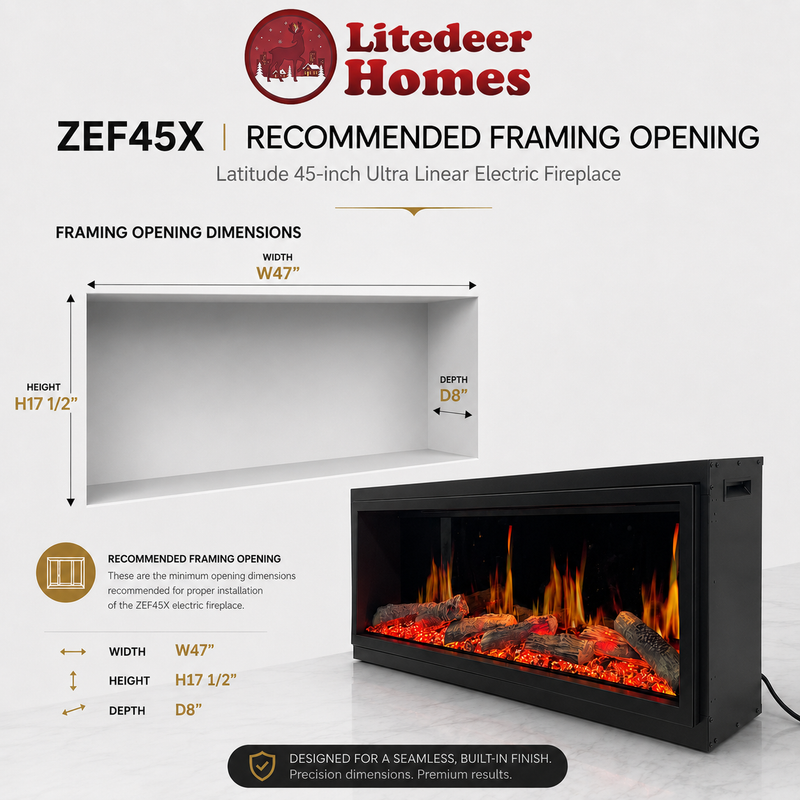 Litedeer Homes Latitude ZEF45X 45" Built-In Smart Electric Fireplace – Ultra-Slim Linear Recessed Fireplace with Breathing Driftwood Logs, Wi-Fi App & Remote Control