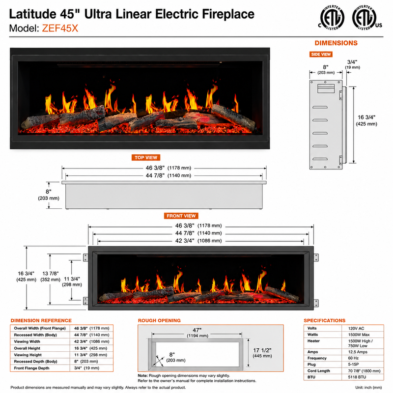 Litedeer Homes Latitude ZEF45X 45" Built-In Smart Electric Fireplace – Ultra-Slim Linear Recessed Fireplace with Breathing Driftwood Logs, Wi-Fi App & Remote Control