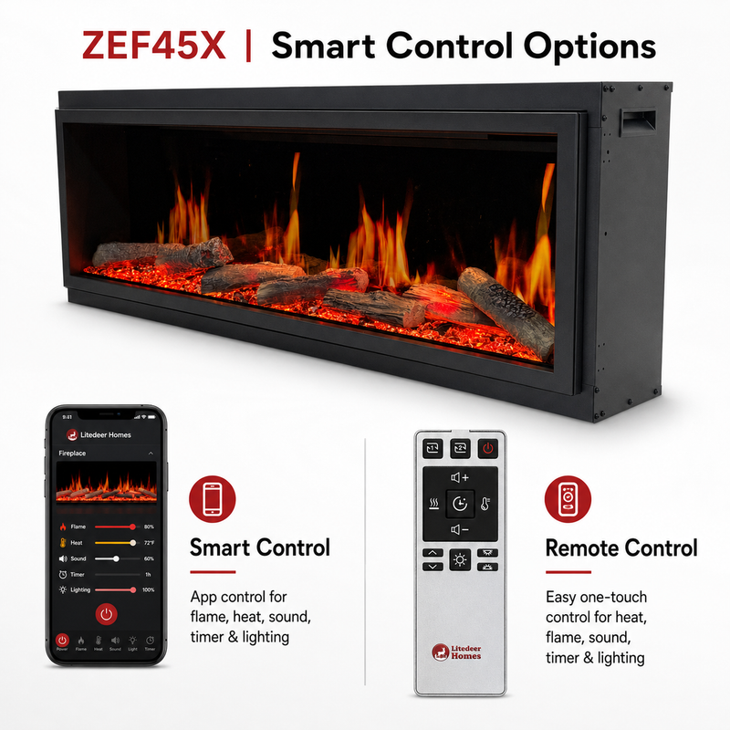 Litedeer Homes Latitude ZEF45X 45" Built-In Smart Electric Fireplace – Ultra-Slim Linear Recessed Fireplace with Breathing Driftwood Logs, Wi-Fi App & Remote Control