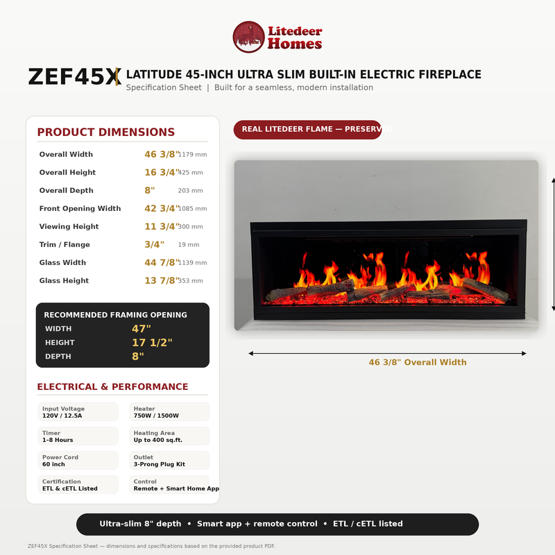 Litedeer Homes Latitude ZEF45X 45" Built-In Smart Electric Fireplace – Ultra-Slim Linear Recessed Fireplace with Breathing Driftwood Logs, Wi-Fi App & Remote Control