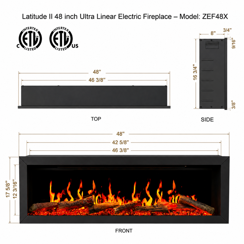 Litedeer Homes ZEF48X 48" Smart Electric Fireplace | Ultra-Slim Wall Mounted & Recessed | HD Multi-Flame, Breathing Logs, App Control