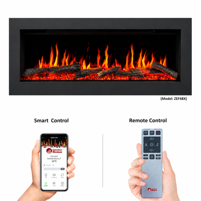 Litedeer Homes ZEF48X 48" Smart Electric Fireplace | Ultra-Slim Wall Mounted & Recessed | HD Multi-Flame, Breathing Logs, App Control