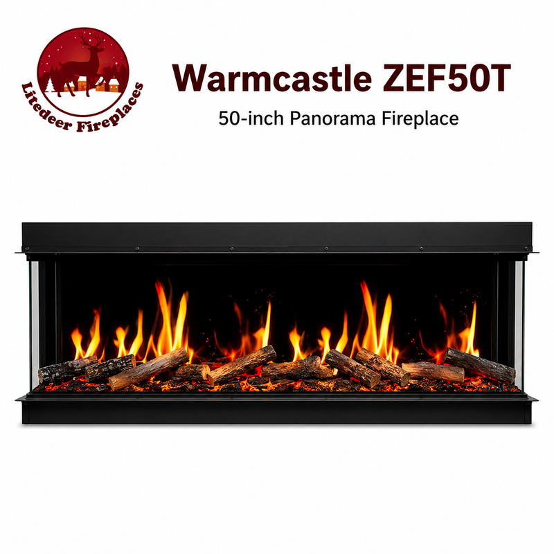 Warmcastle ZEF60T 60" Panoramic 3-Sided Smart Electric Fireplace with Aquarium Mode | Built-In Panoramic Fireplace |Breathing Logs | Multi-Flame, App Control