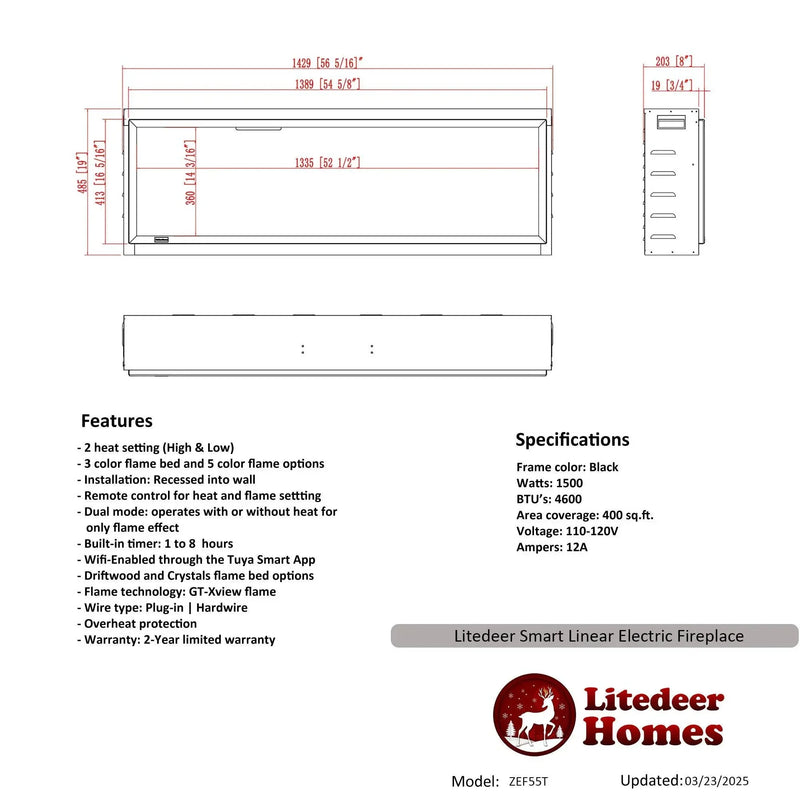 2025 New Litedeer Homes Latitude 55-inch Built-in Smart Electric Fireplace with 1-inch Trim (Model: ZEF55T) - Litedeer Homes