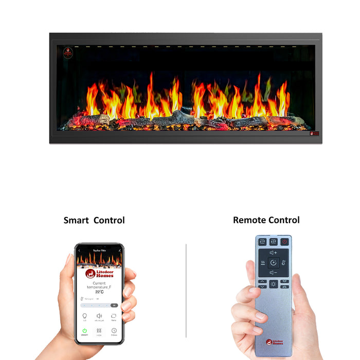 2025 NewLitedeer Homes Latitude 65-inch Ultra-Slim Smart Electric Fireplace with 1-inch Trim – Multi-Flame LED, Driftwood Logs & River Rocks, WiFi/App-Control, Flush/Recessed/Wall-Mounted (Model: ZEF65X)