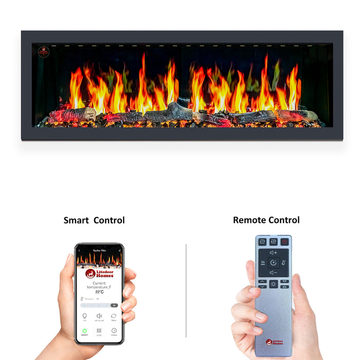 2025 Litedeer Homes Latitude 55-inch Built-in Smart Electric Fireplace with 1-inch Trim, Multi-Flame LED, Driftwood Logs & River Rocks, WiFi/App-Control, Flush/Recessed/Built-in (Model: ZEF55V)