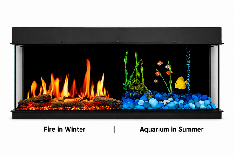 Warmcastle ZEF60T 60" Panoramic 3-Sided Smart Electric Fireplace with Aquarium Mode | Built-In Panoramic Fireplace |Breathing Logs | Multi-Flame, App Control